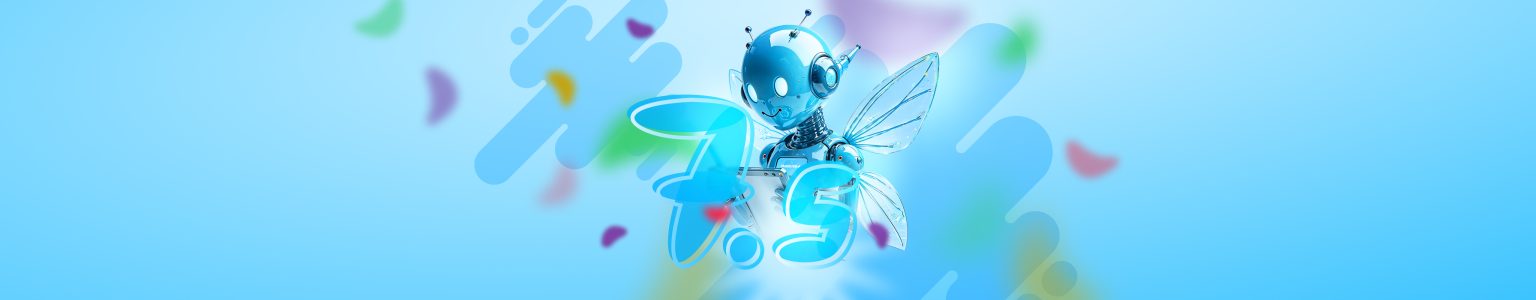 Ein hellblaues, futuristisches Titelbild mit einem schwebenden, robotischen Insekt mit Kopfhörern und durchsichtigen Flügeln. Daneben steht in glänzender, geschwungener Schrift die Zahl „7.5“. Bunte Farbkleckse in Pastelltönen schweben im Hintergrund.